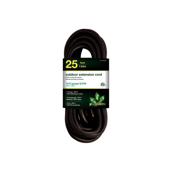 Gogreen SJTW Extension Cord, 14 AWG, Outdoor, 14/3, 1 Outlets, Black, 25 ft GG-13825BK - main